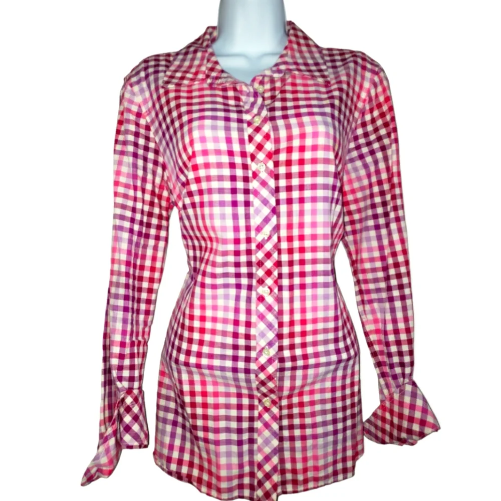 NWOT Talbots pink & purple gingham check button down blouse top Womens Medium